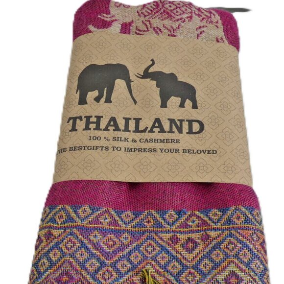 Silk Cashmere Scarf Pink Pashmina Thailand Gold Embossed Elephant Lucky Romantic - Picture 7 of 8